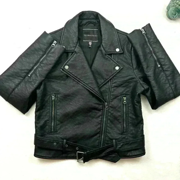 Victoria’s Secret Black Faded 50’s Cropped Belted Motorcycle Jacket Size M - Picture 2 of 16
